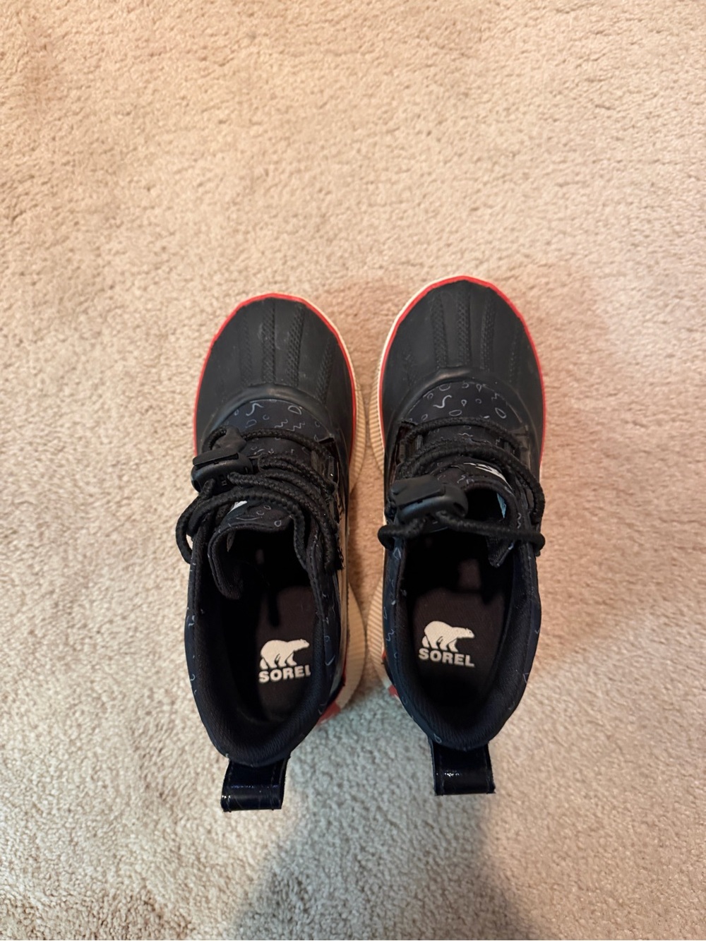 Sorel Kids Black and Red Waterproof Snow Boots